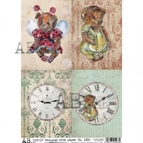 PAPIER DE RIZ N°1350 OURSONS HORLOGES AB STUDIO