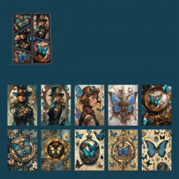 IMAGES STEAMPUNK PAPILLONS BLEU 30 PIECES 10 CM x 14 CM